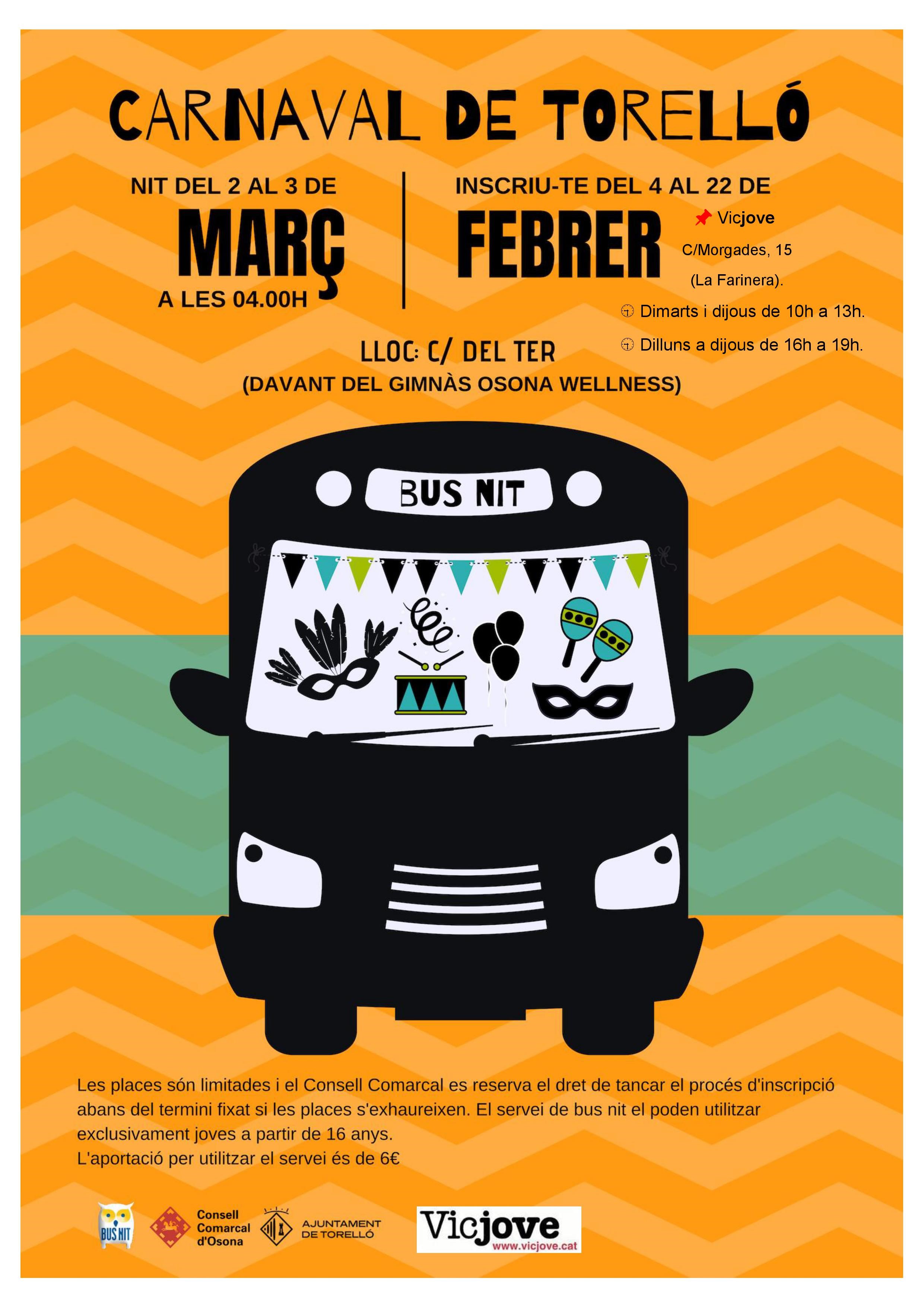 Cartell del servei de Bus Nit del Carnaval de Torelló 2019