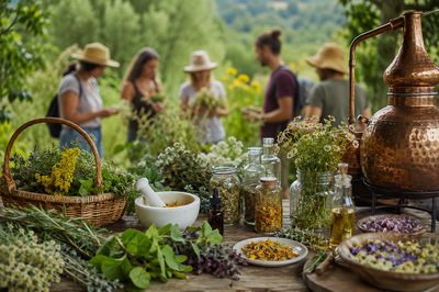 Imatge creada amb IA on es visualitza un grup de gent parlant sobre herbes remeieres.