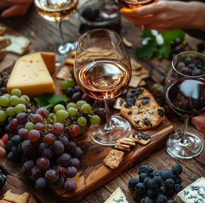 Copa de vi , raïm, formatge i torrades..