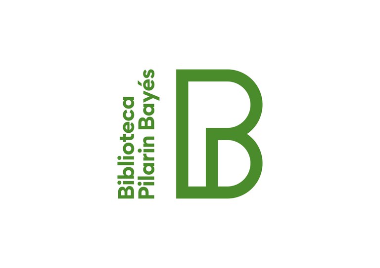 Logotip Biblioteca Pilarin Bayés. Joc visual de les lletres 'pe' i 'be' fusionades.