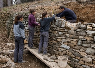 Imatge d'un grup de persones construint una paret de contenció amb la tècnica constructiva pedra seca. Imatge lliure de drets.