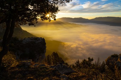 Imatge de la plana de Vic coberta de núvols a la sortida del sol. Fotografia de David Fajula.