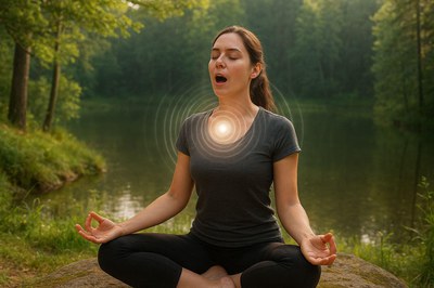 Noia assentada en posició de meditació fent ioga de la veu..