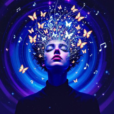 Imatge fictícia d'una noia escoltant música amb papallones i notes musicals al voltant del seu cap..
