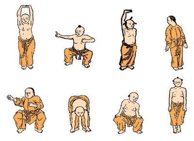 Il·lustració amb vuit dibuixos que representen diferents postures de Txikung..