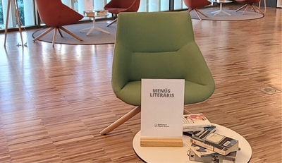 Cadira amb una tauleta plena de llibres..