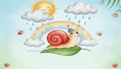 Il·lusrtració d'un cargol sobre una fulla i un sol amb pluja..