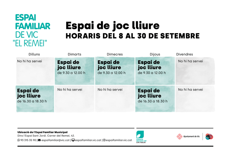 Horari de setembre 2026 Horari de setembre 2026
